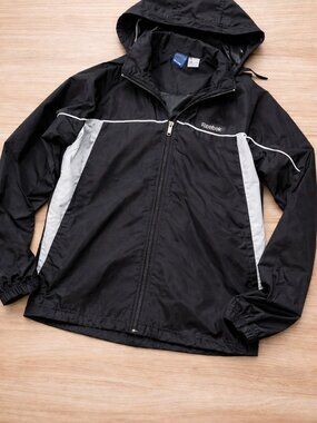 Reebok Black Hooded Windbreaker Jacket Small – Lightweight Full Zip Athletic